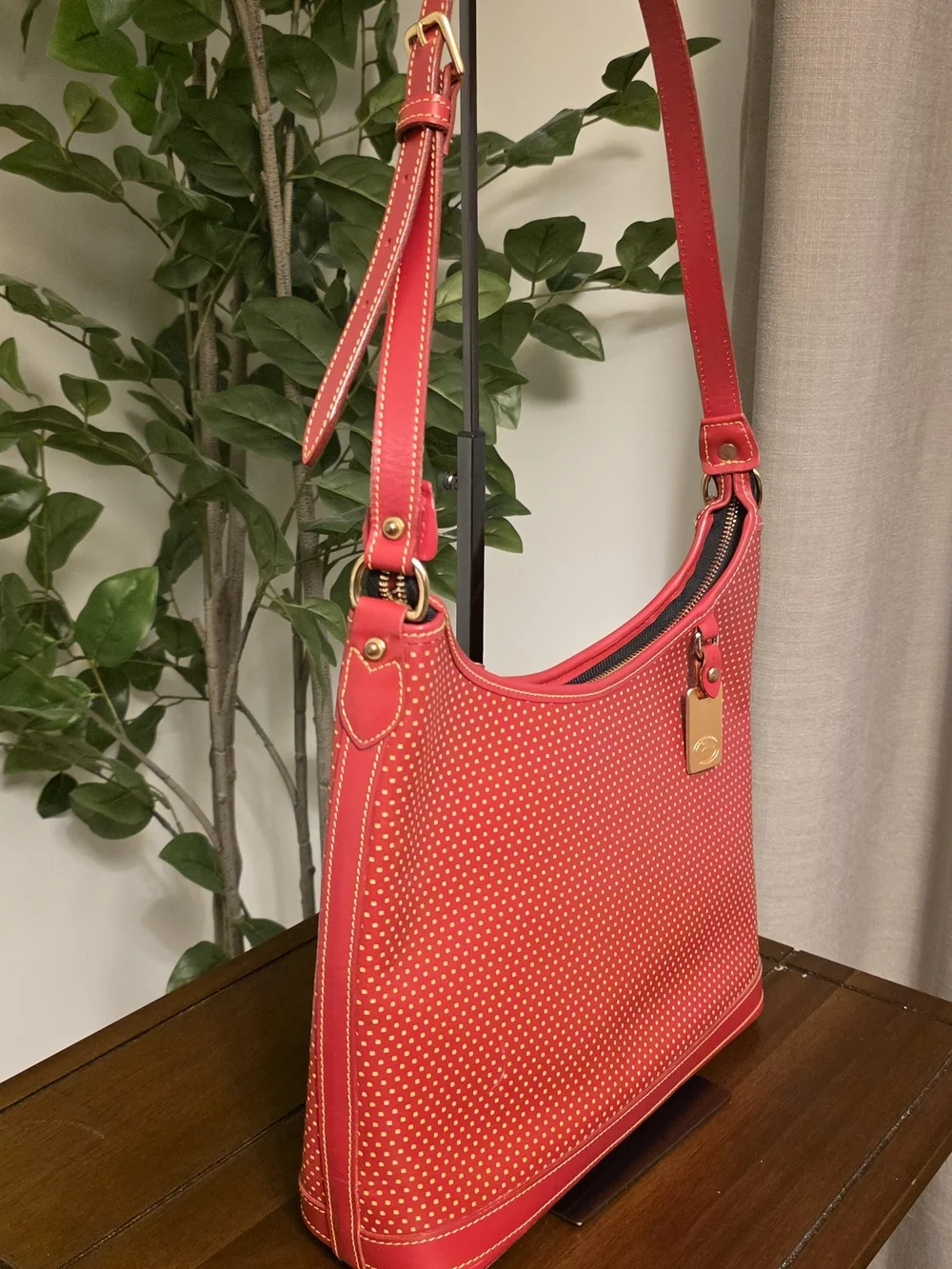 Dooney & Bourke Cabrio Red and Yellow Polka Dot Perforated Leather Hobo Purse
